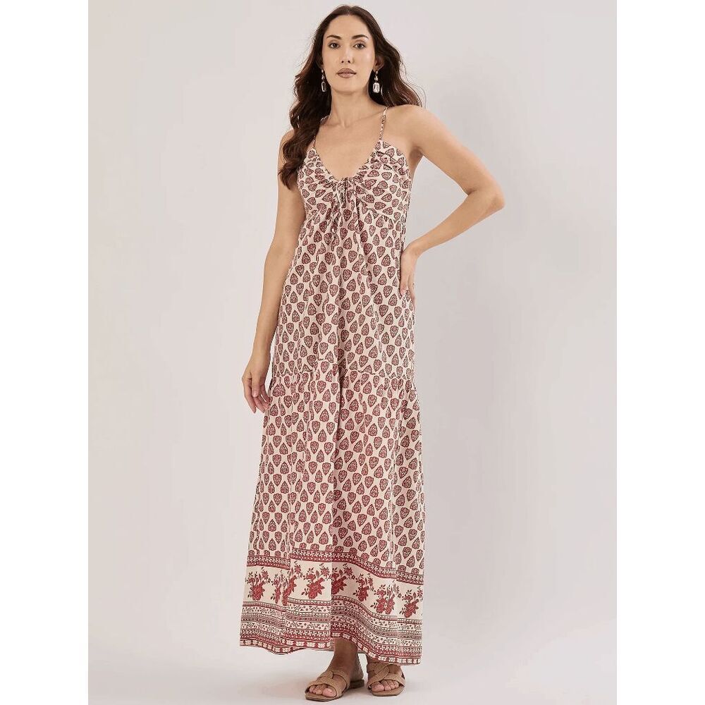 Sim & Sam Rust Red Linen Rayon Printed Summer Maxi Halter Dress XS